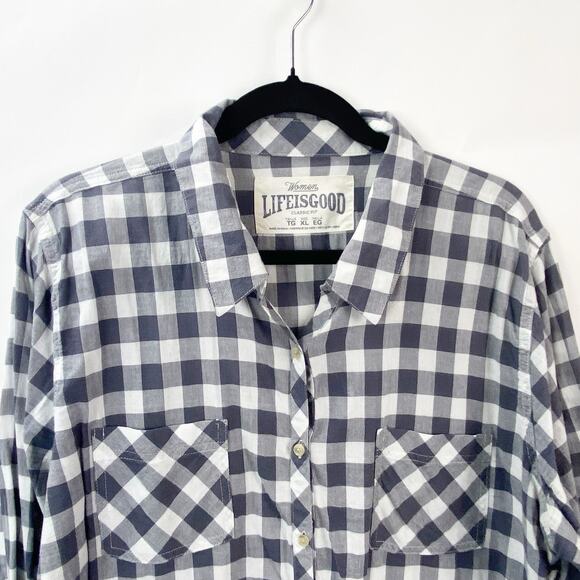 Life is Good XL Womens Gray White Plaid Check Button-Front Shirt Top - Picture 2 of 9